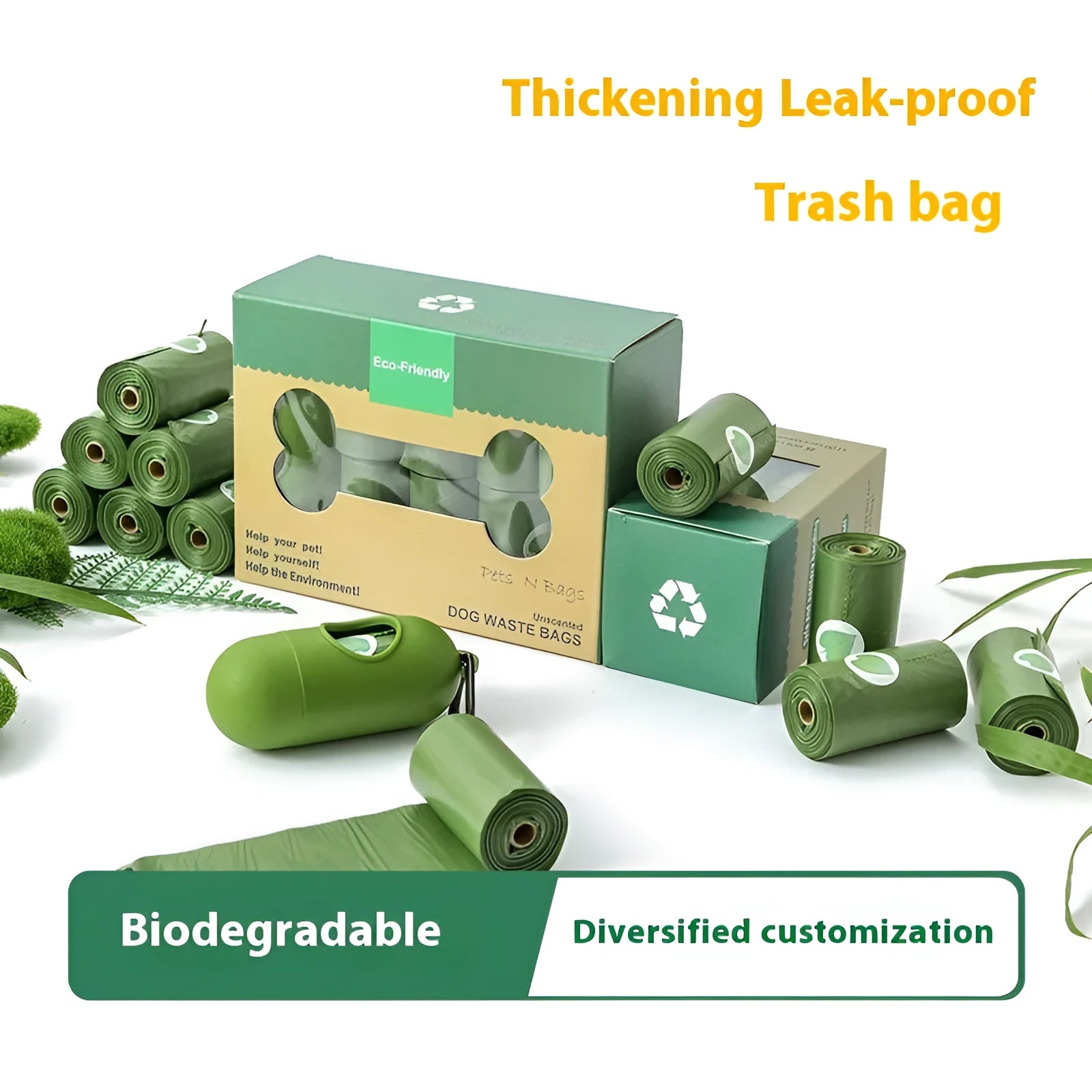 Roll of green EPI degradable dog poo bags next to a white plastic dispenser on a grass background.