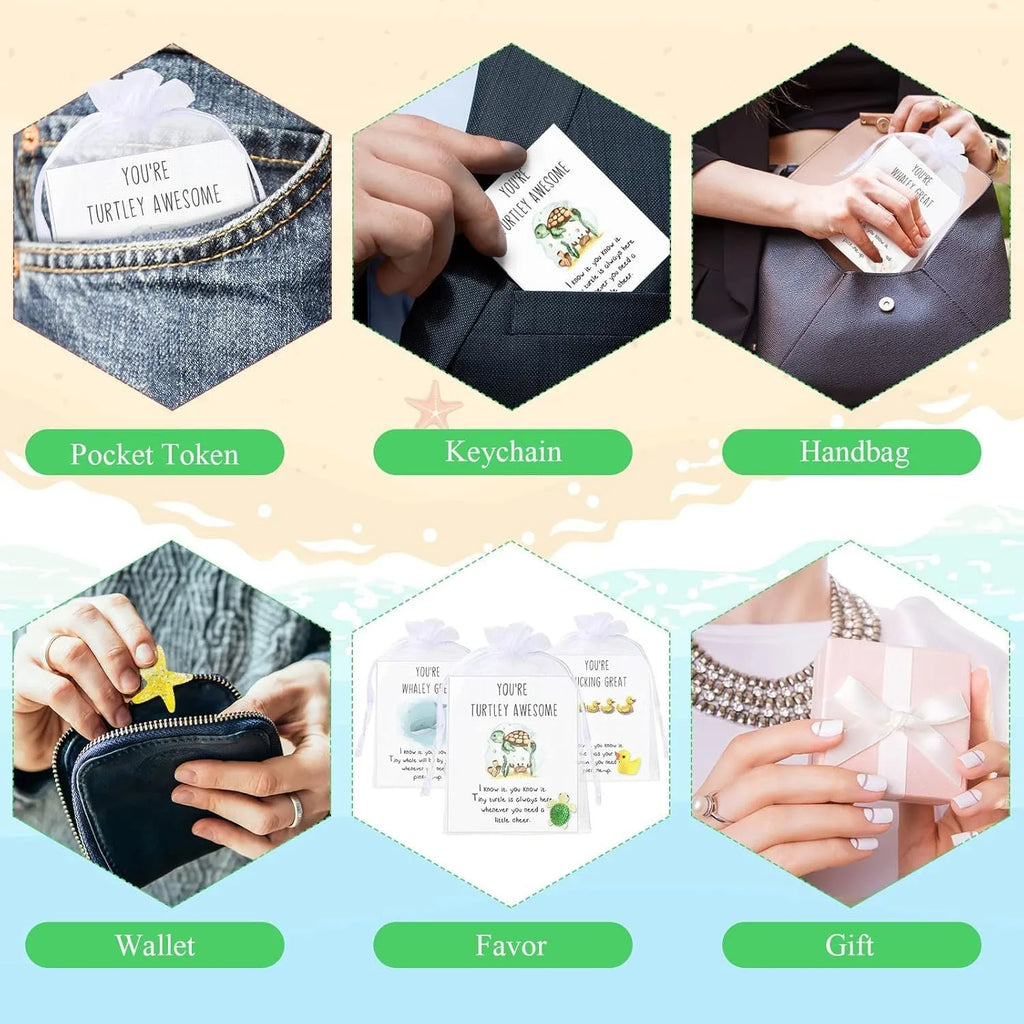 Set of resin memo cards with inspirational pun designs, showing pocket-sized scale and multiple cards.