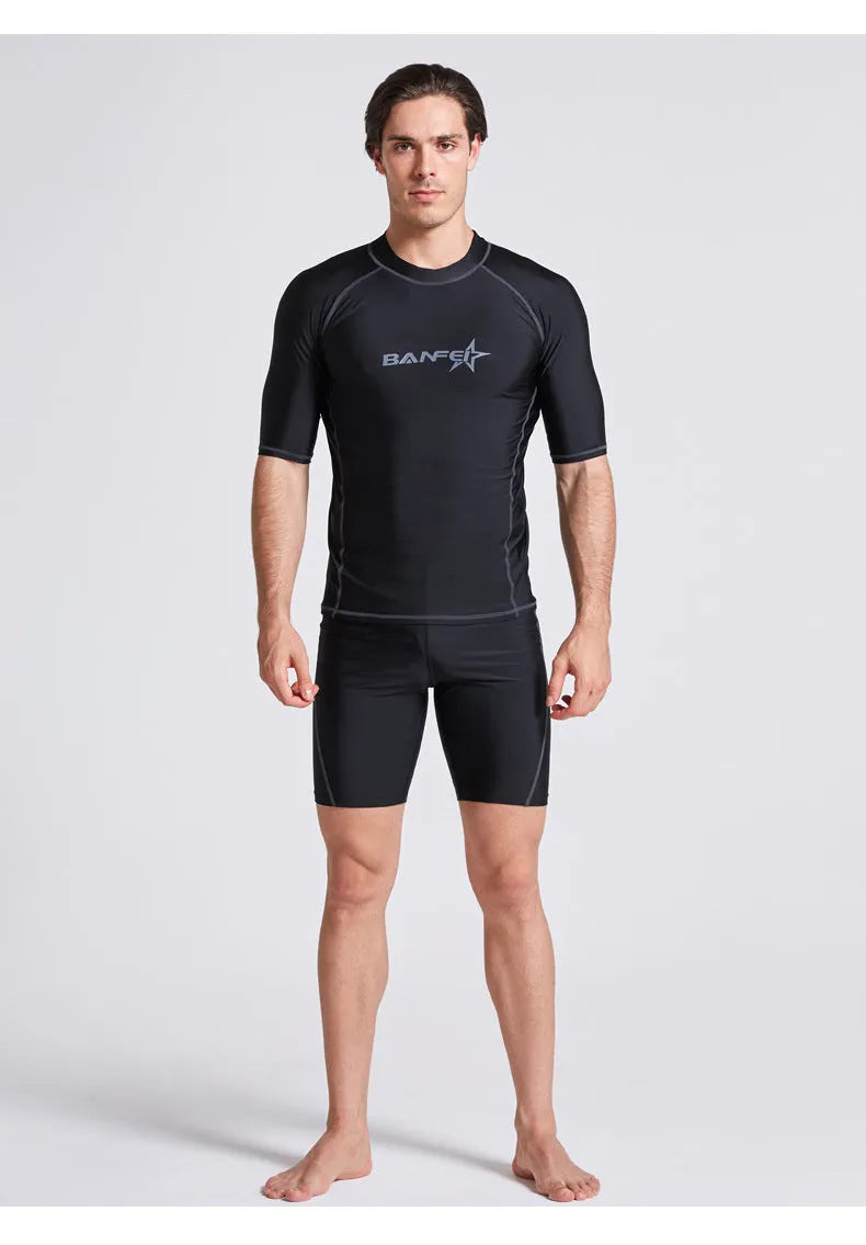 Men's navy blue quick-dry nylon swimsuit set with half sleeves and long swim pants