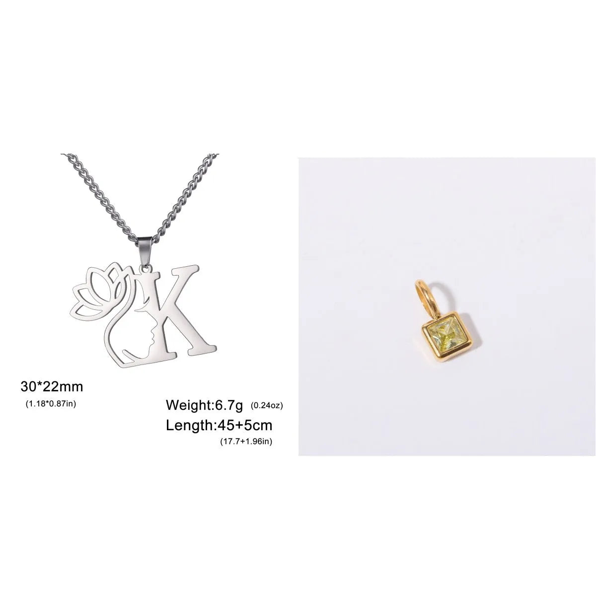 Stainless steel necklace with letter pendant on cross chain in gold or silver electroplated finish
