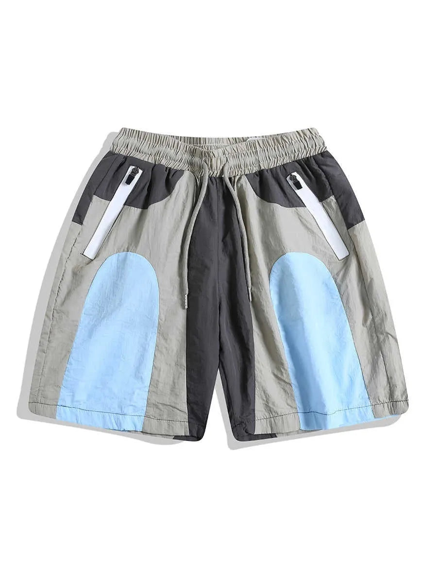 Blue men's patchwork quick-drying shorts with a loose straight-leg fit for outdoor sports