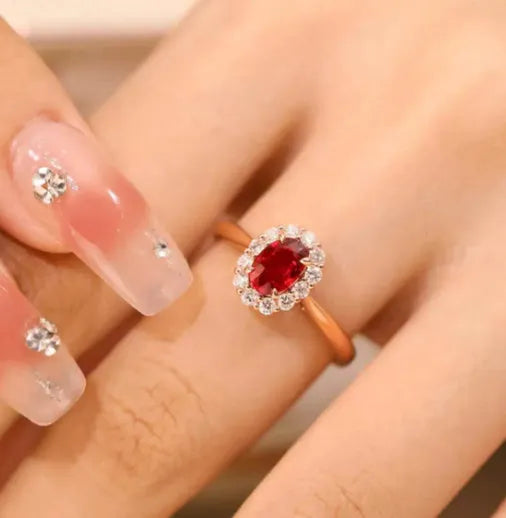 Gold pigeon blood red gemstone sterling silver ring with floral design for women