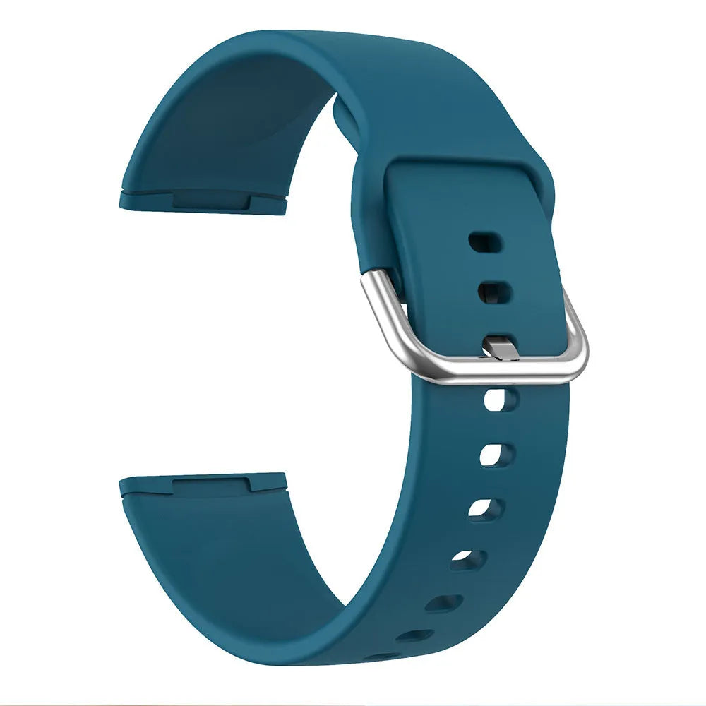 Silicone replacement strap with silver buckle for Fitbit Versa 3 and Sense 2 in multiple solid colours.