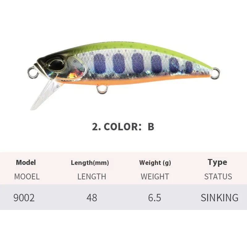 48mm submerged mino fishing lure for mandarin fish and snakehead in various colours