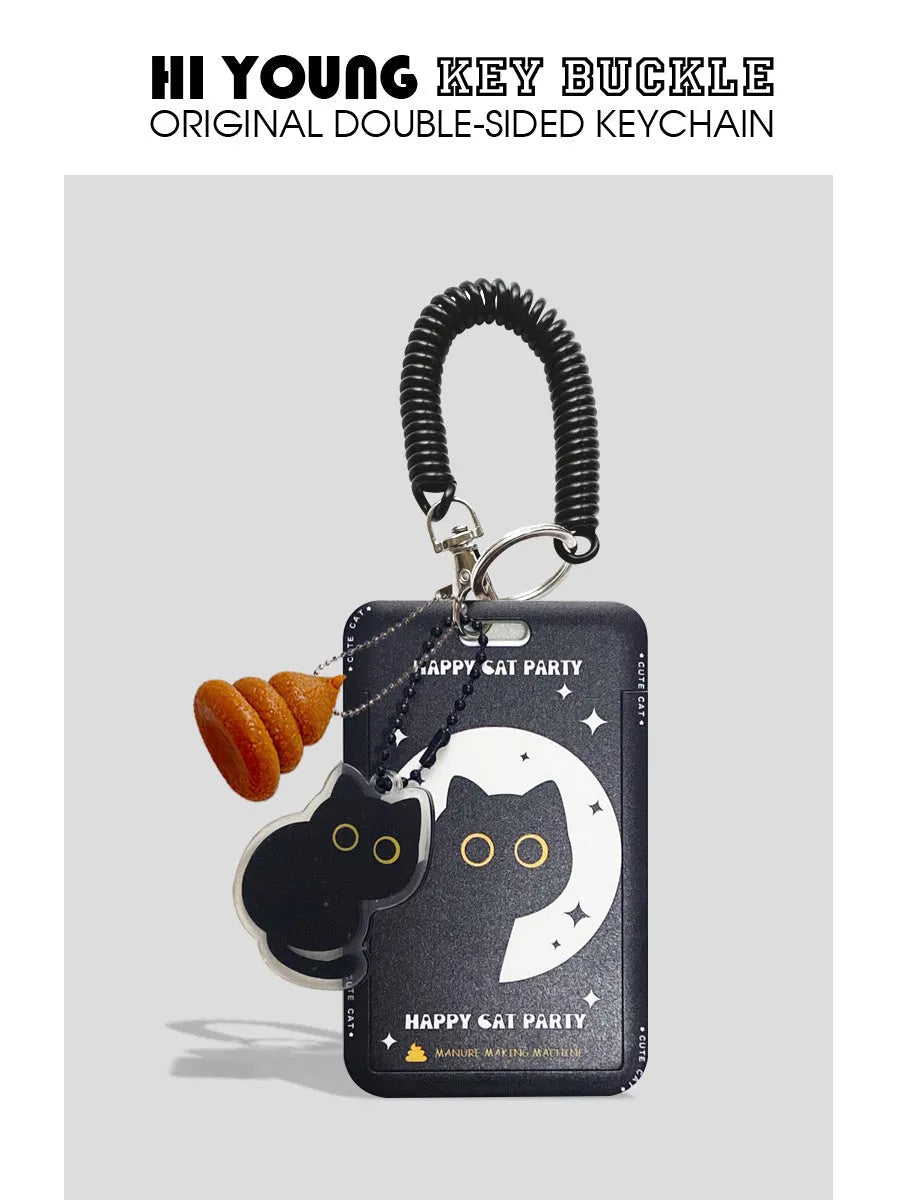Black cat cartoon design plastic card sleeve with removable fob pendant for bus and student cards