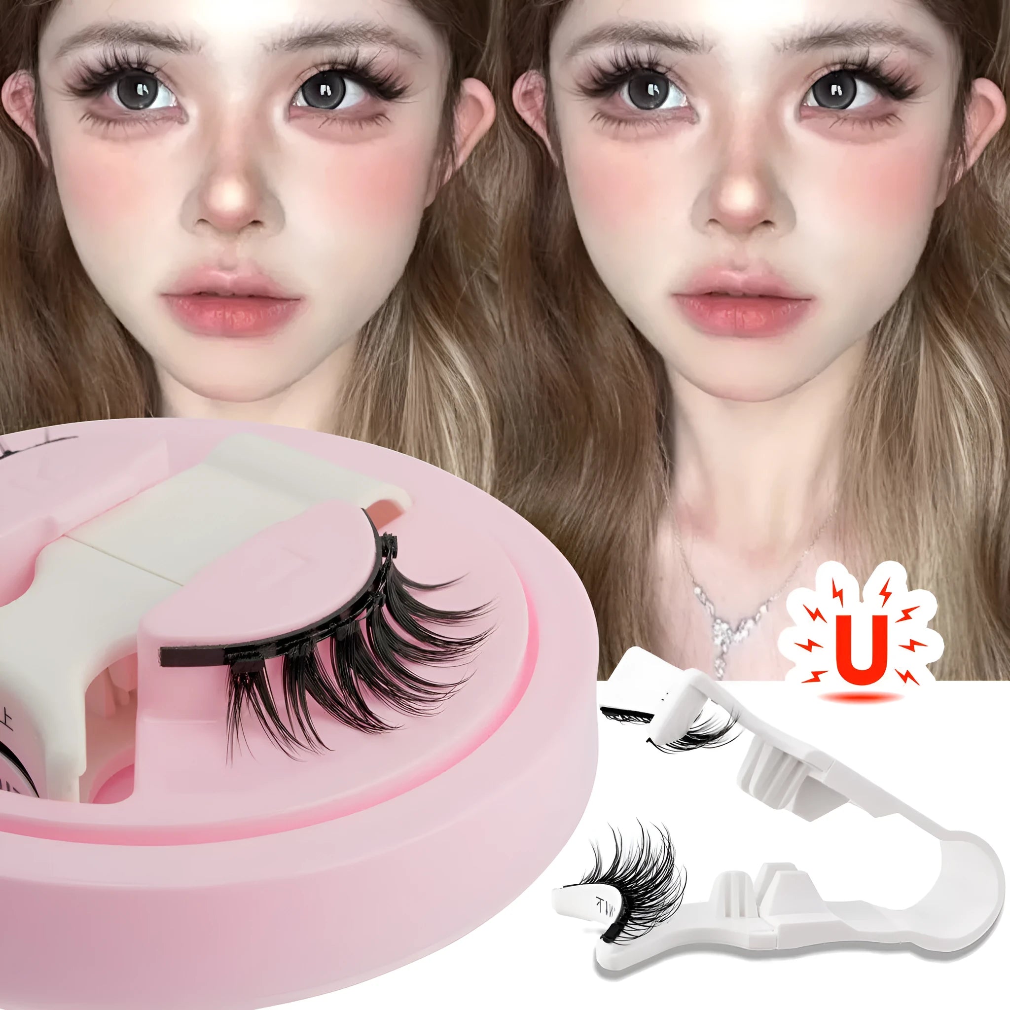 Set of reusable, glue-free waterproof false eyelashes in artificial fibre, showing natural thick 0.6-1.1mm lashes.