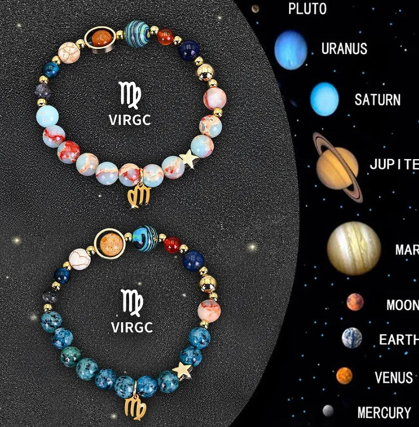 Two natural stone beaded bracelets on a table representing zodiac sign jewellery.