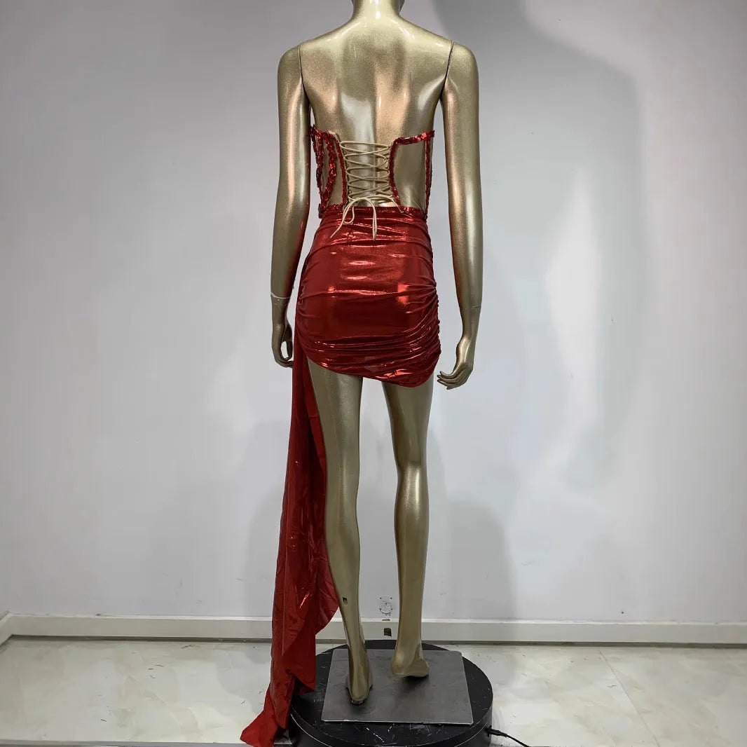 Red spandex stage skirt suit with hollow mesh see-through panels for female performers