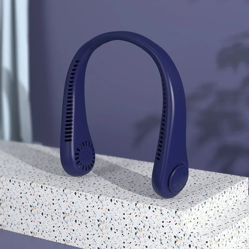 Pink USB rechargeable bladeless neck fan showing adjustable speed controls and flexible neckband