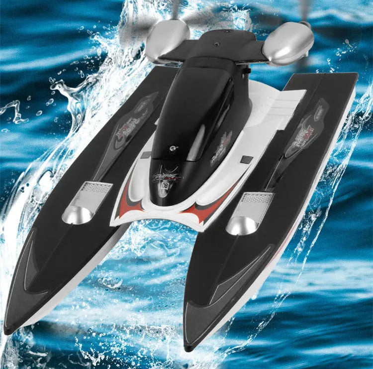 Black plastic high-speed 2.4G remote control toy boat with handle remote and spare propellers