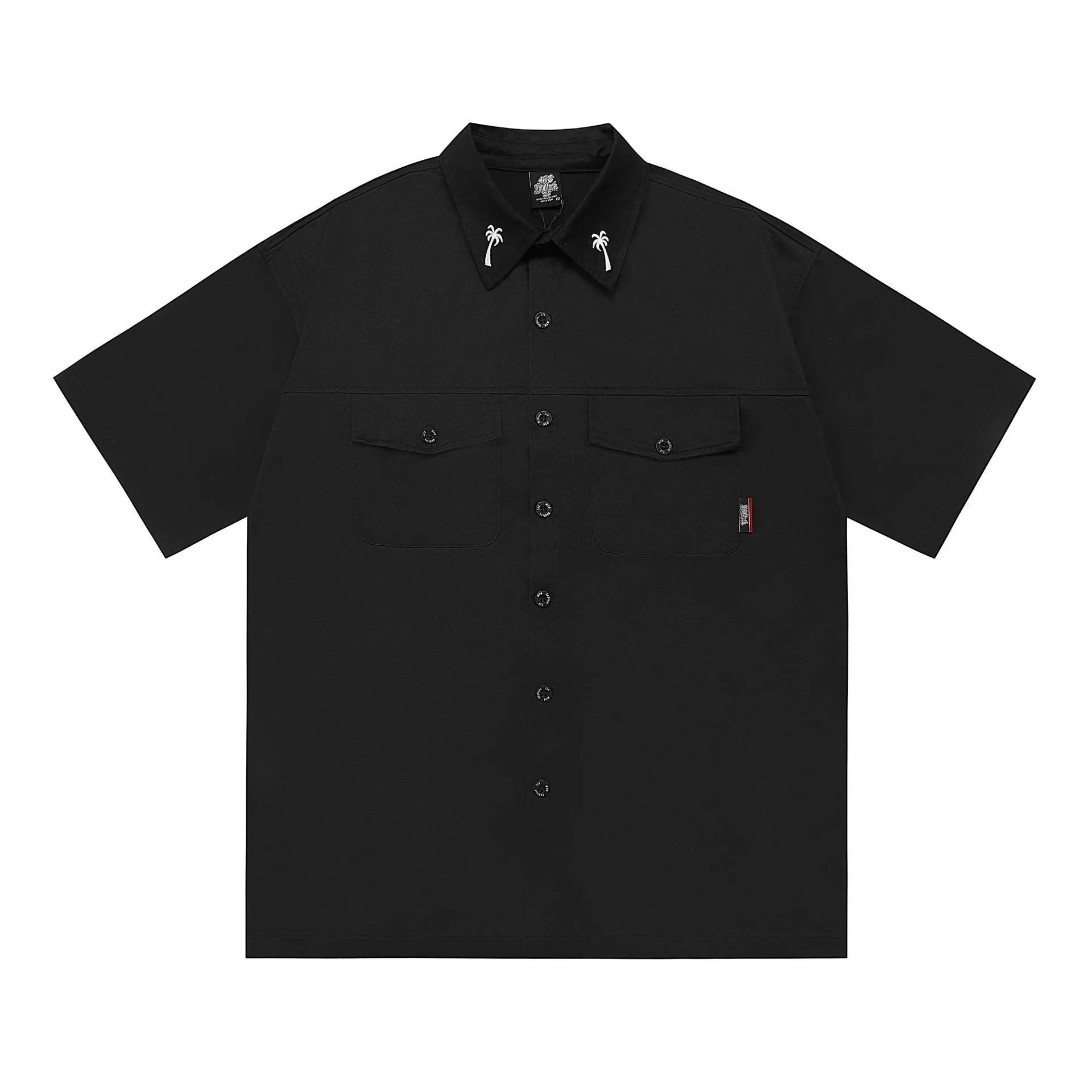 Men's loose black half-sleeve cotton shirt with embroidered chest pocket detail