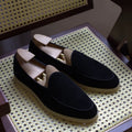 Men's black genuine leather loafers with low tube design and TPR sole
