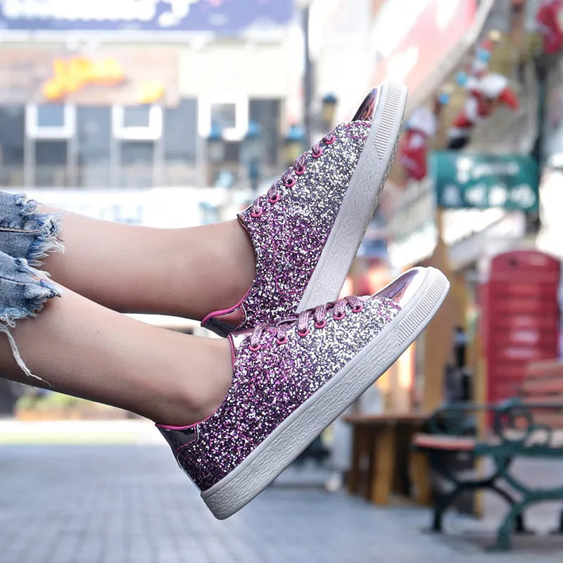 Women's colourful sequins casual low-top shoes with PU upper, leather lining, round toe, front lace-up, black gold pink options, sizes 36-41