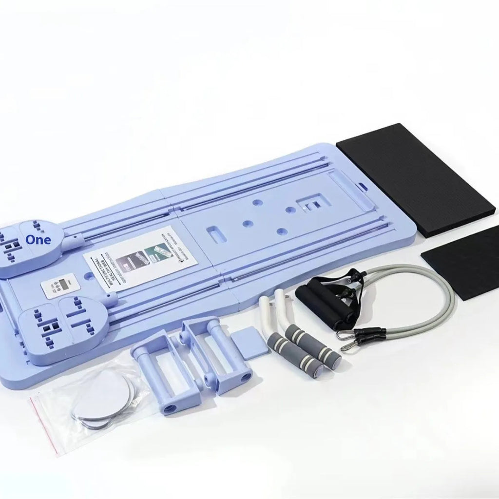 Purple foldable belly panel trainer for abdominal exercises on a home floor