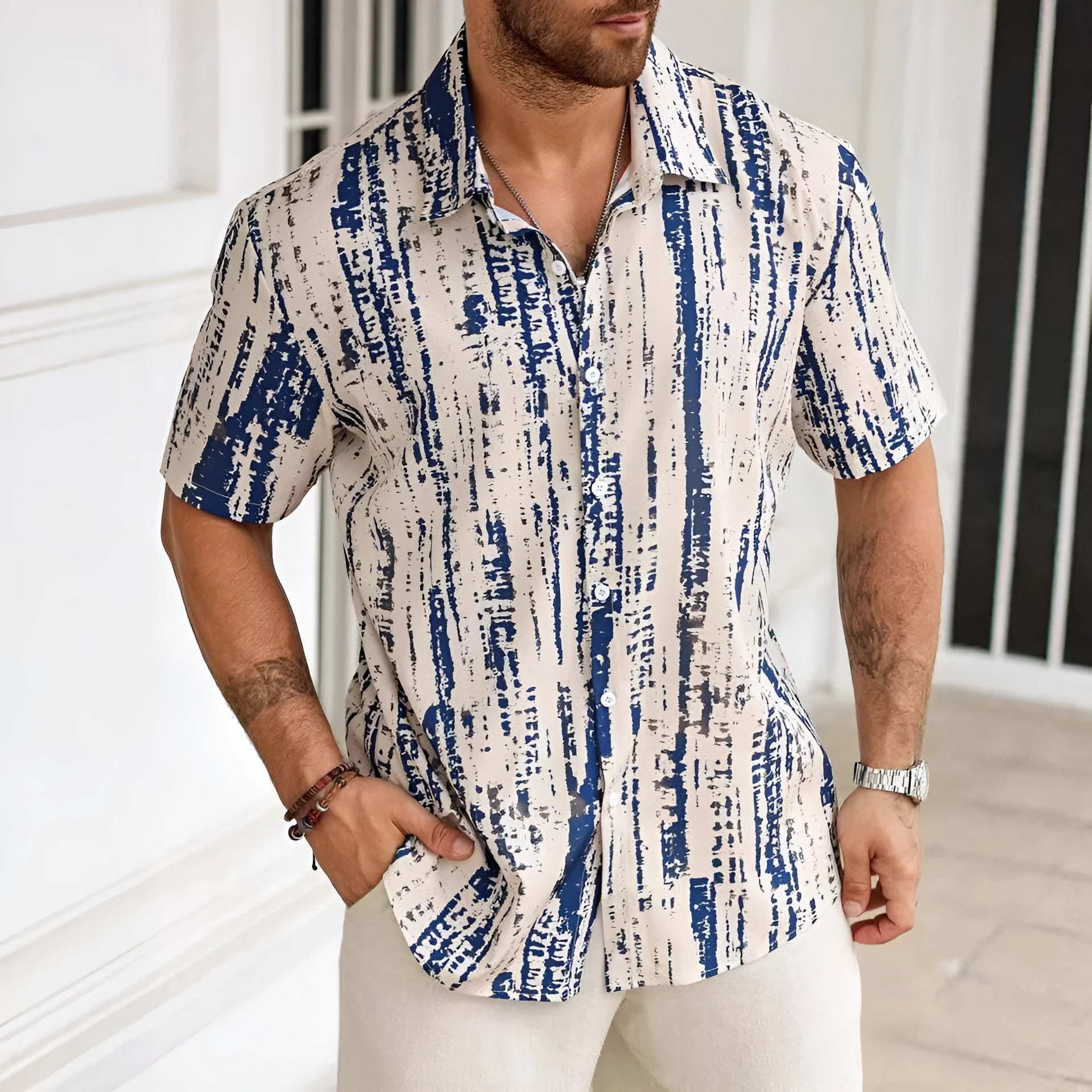 Men's 3D printed short sleeve shirt in striped pattern with anti-wrinkle polyester fabric