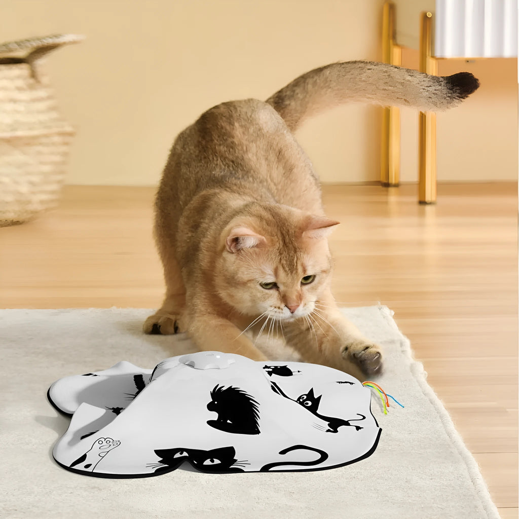 Automatic cat toy with plastic construction measuring 19.8cm featuring motion, sound and LED activation