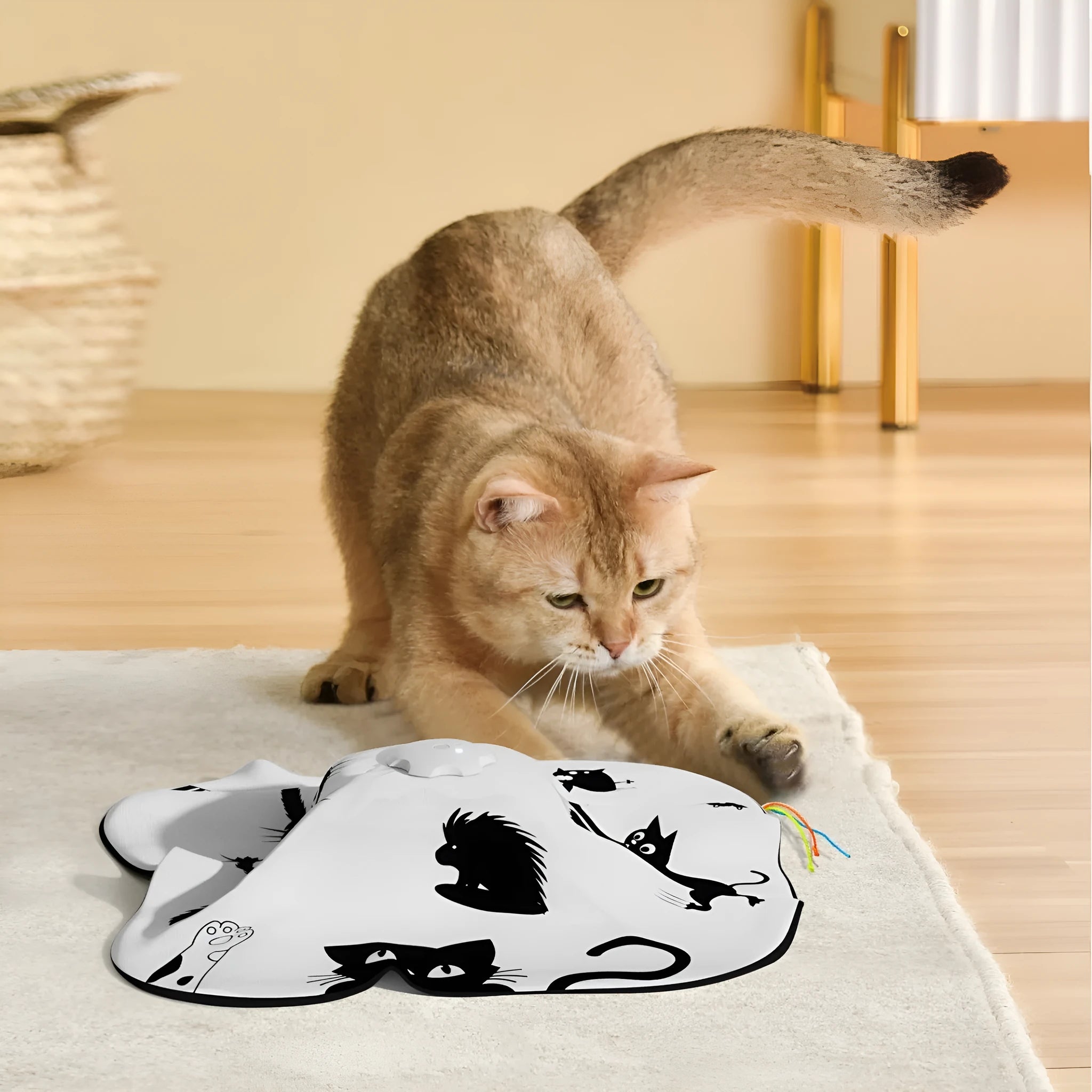 Automatic cat toy with plastic construction measuring 19.8cm featuring motion, sound and LED activation