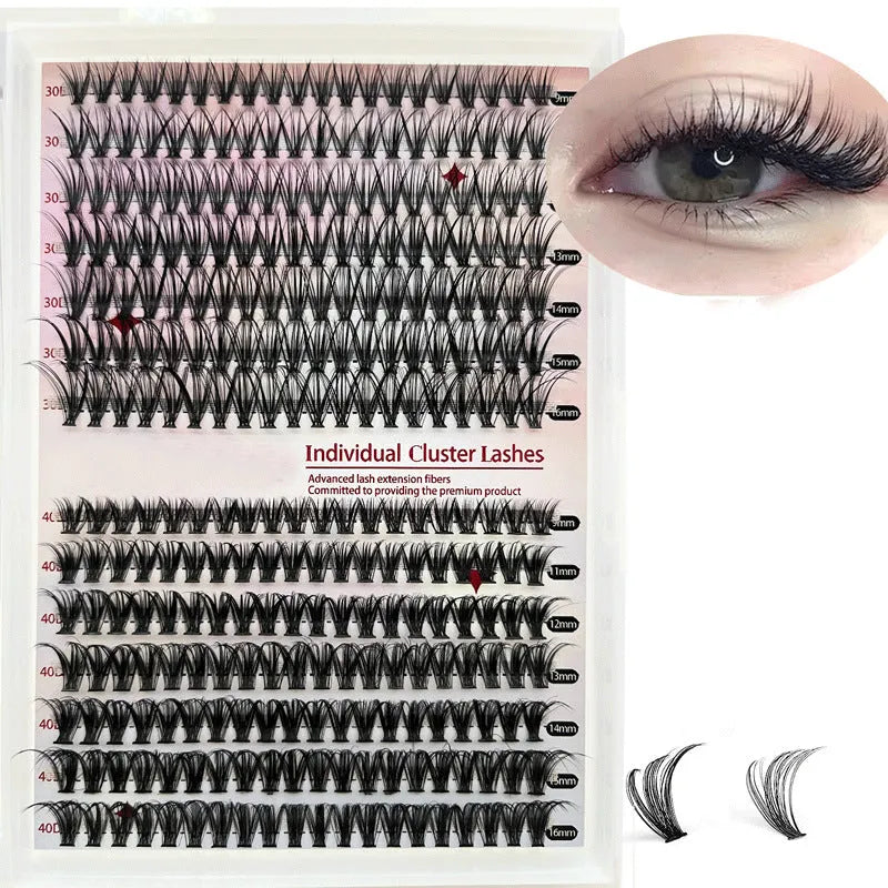 DIY cluster false eyelashes mixed package showing boxes of 30D and 40D lashes and tweezers