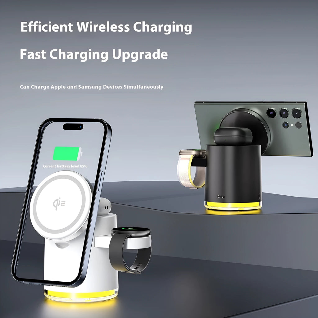 C16 portable folding three-in-one wireless charger in black on a table, charging a phone, watch, and earphones.