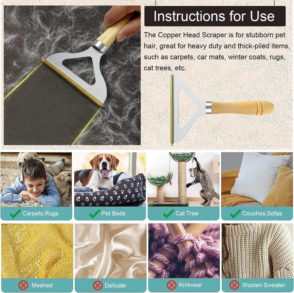 Three-piece pet hair remover set with beech wood handle, silicone brushes, and round plastic cleaner.