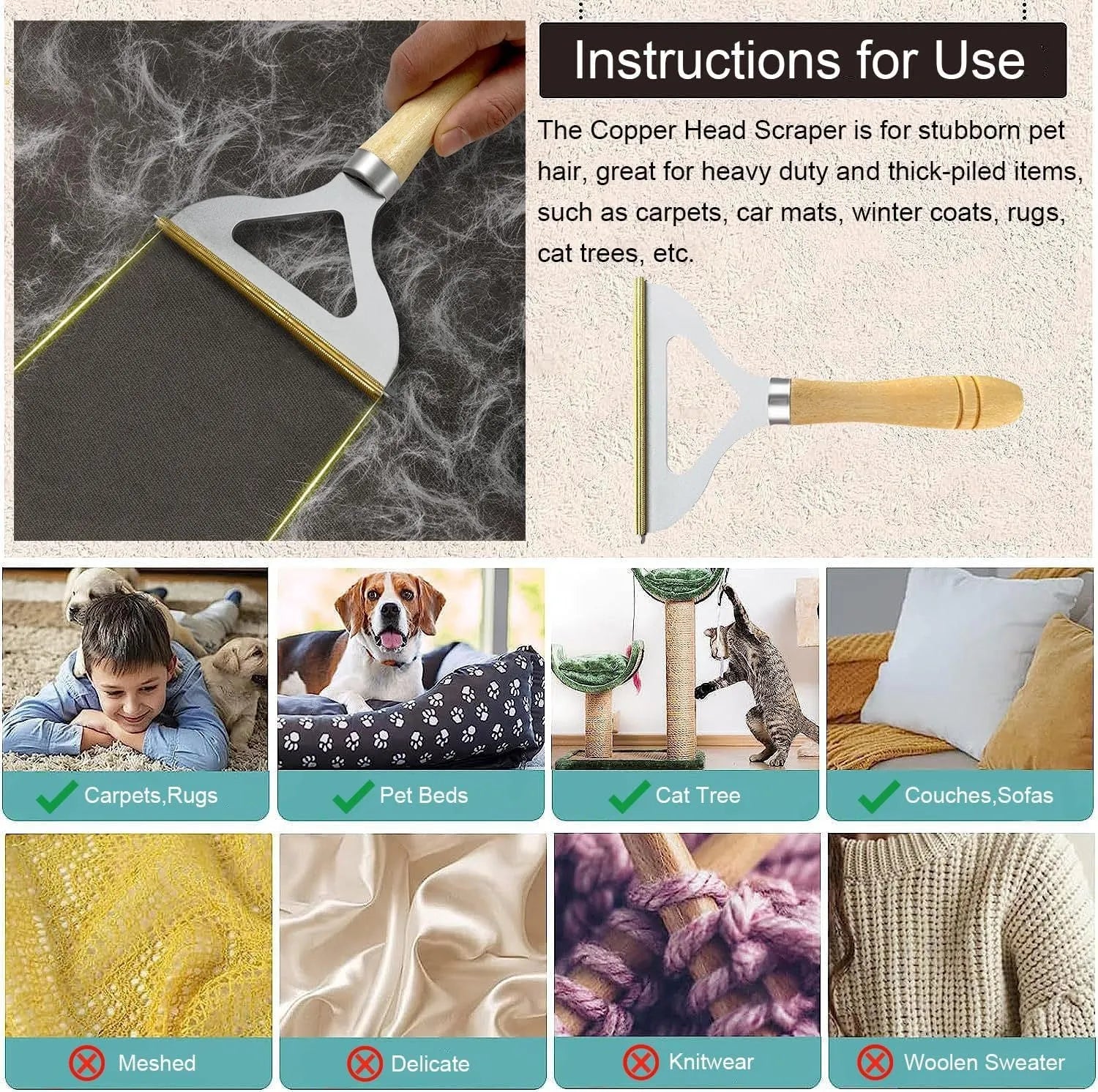 Three-piece pet hair remover set with beech wood handle, silicone brushes, and round plastic cleaner.