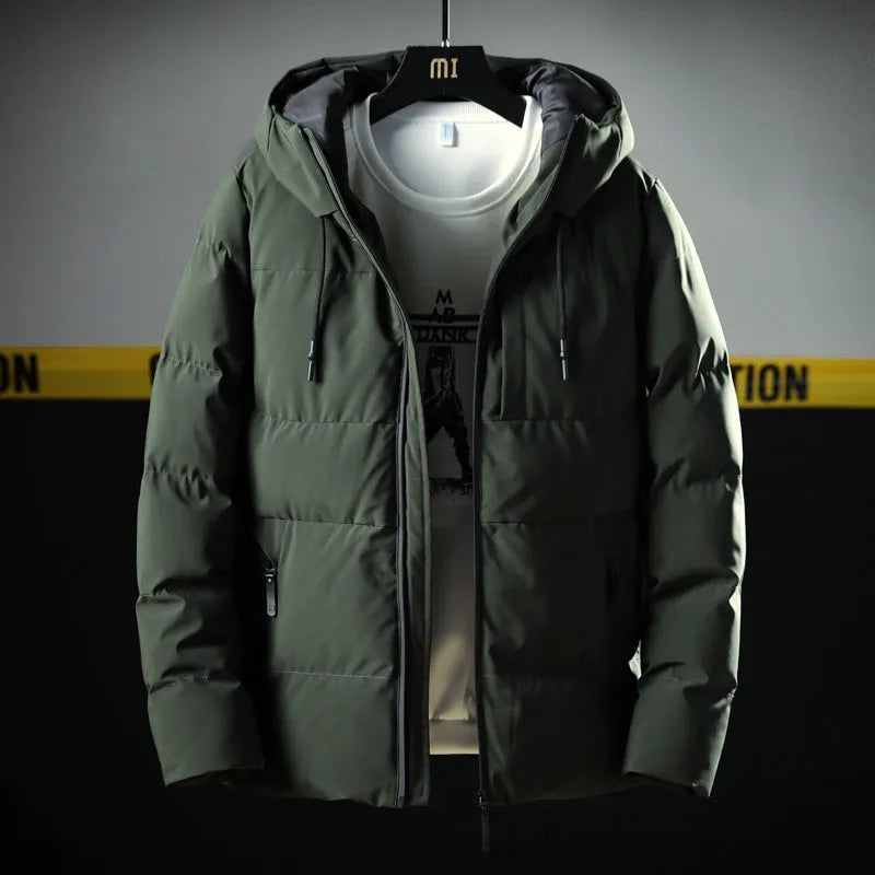 Men's hooded thick solid colour slim casual cotton coat with zipper, side pockets, and hood in black.