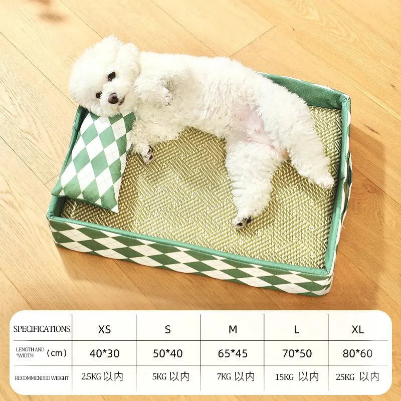 Blue rattan cooling mat cat bed for kittens and adult cats on a wooden floor.