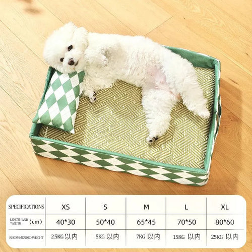 Blue rattan cooling mat cat bed for kittens and adult cats on a wooden floor.