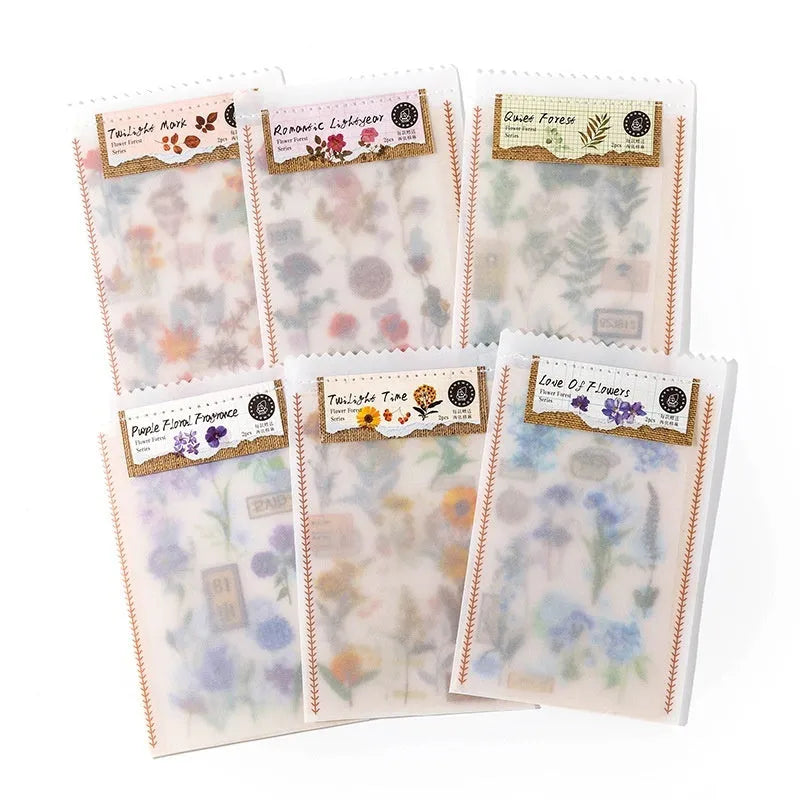 Huazhisen series printable sticker pack with forest and floral art designs on 85mm by 180mm sheets.
