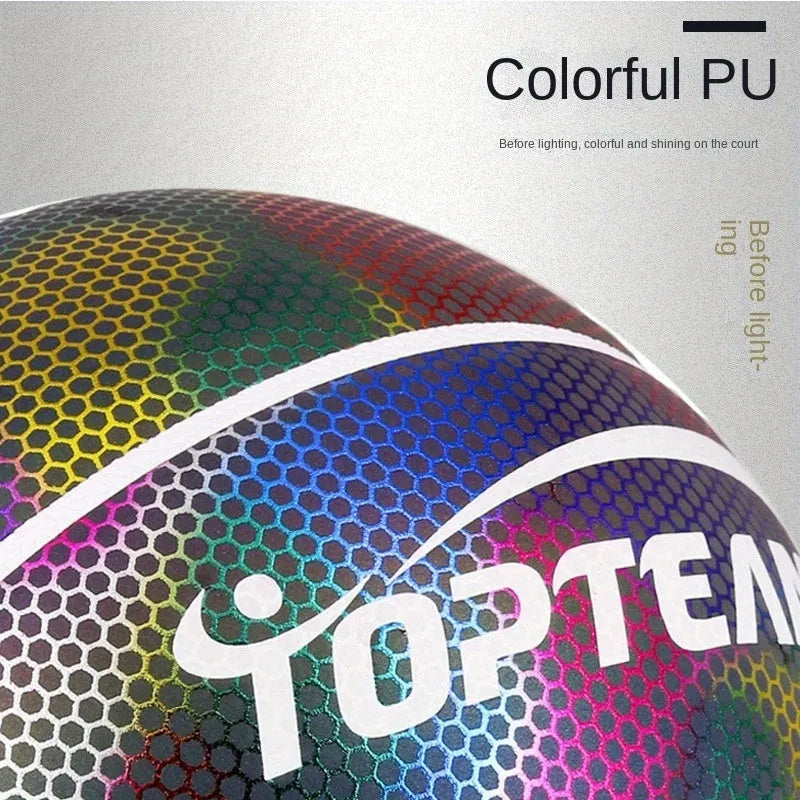 No. 7 size fluorescent basketball with holographic reflective surface on a court.