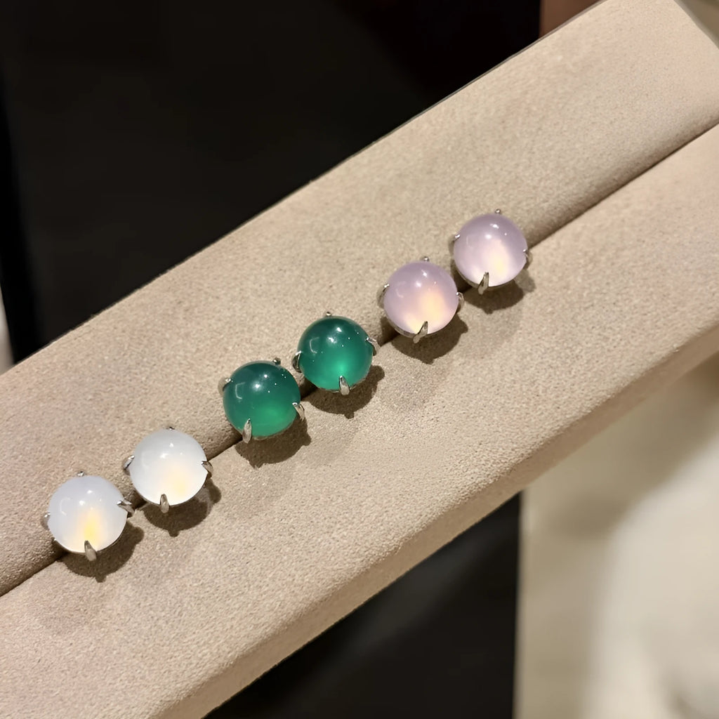 Chinese style chalcedony stud earrings with copper four-claw setting in three colour options