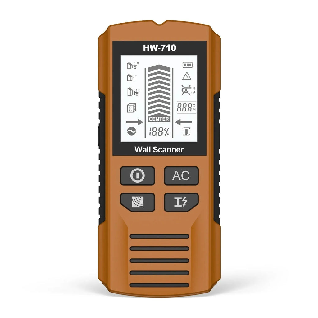 Multifunctional perforated inner wire wall detector in yellow, 174x76x41mm handheld scanner on white background