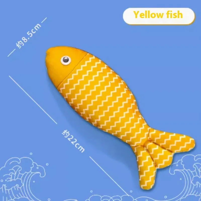 Plush fish cat toy filled with catnip, shown in blue, red, and yellow colours, with large and medium size examples