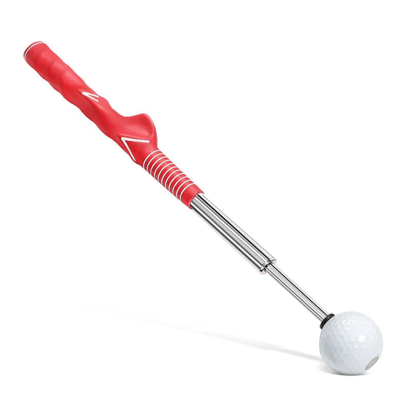 Telescopic golf swing trainer with stainless steel construction in black, blue, or red colours