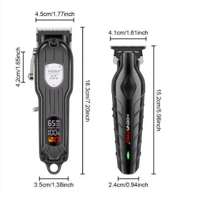 Black professional hair clipper set with USB charging port and adjustable length settings