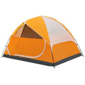 Orange portable 2-person camping tent with fibreglass poles set up outdoors