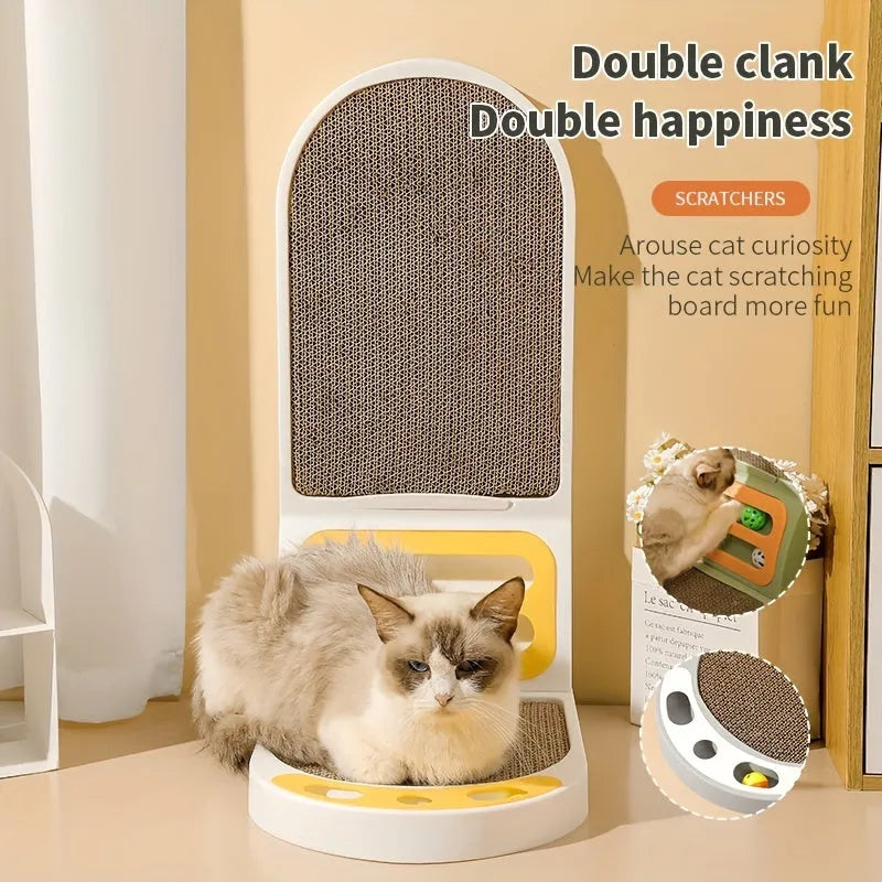 L-shaped vertical cat scratching board in green colour on a wooden floor