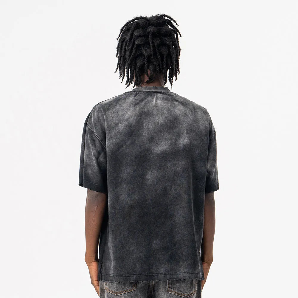 Black men's cotton t-shirt with drop-shoulder sleeves and printed letter pattern