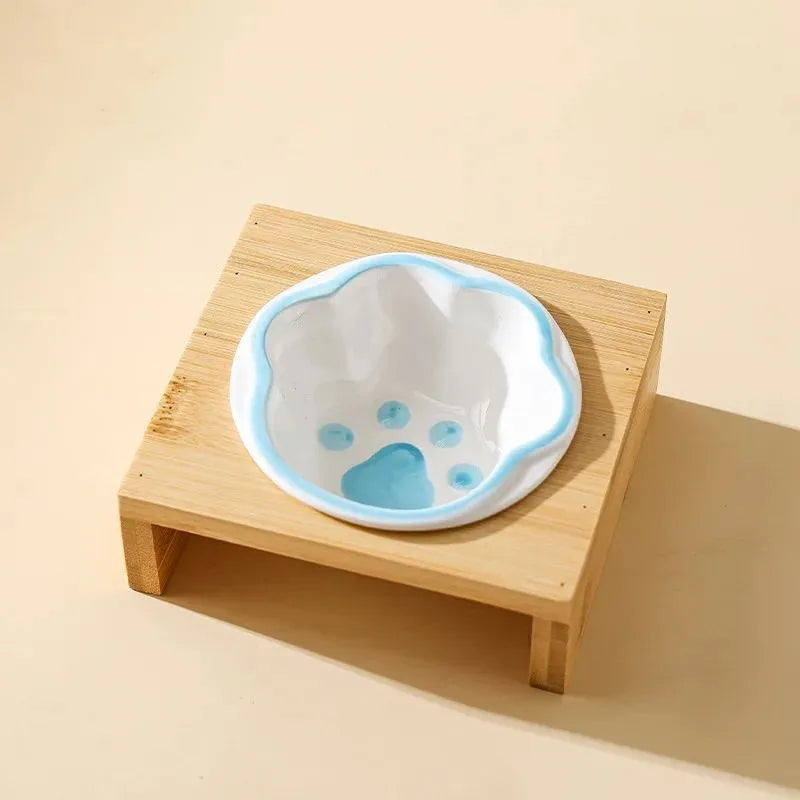 Raised bamboo frame ceramic pet bowl set for small cats and dogs in blue, reducing neck strain during eating