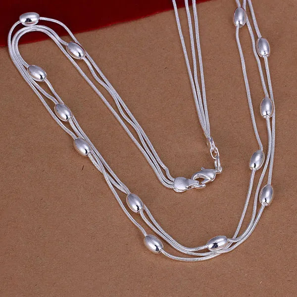 Electroplated silver copper bead necklace with 925 silver pendant and snake bone chain