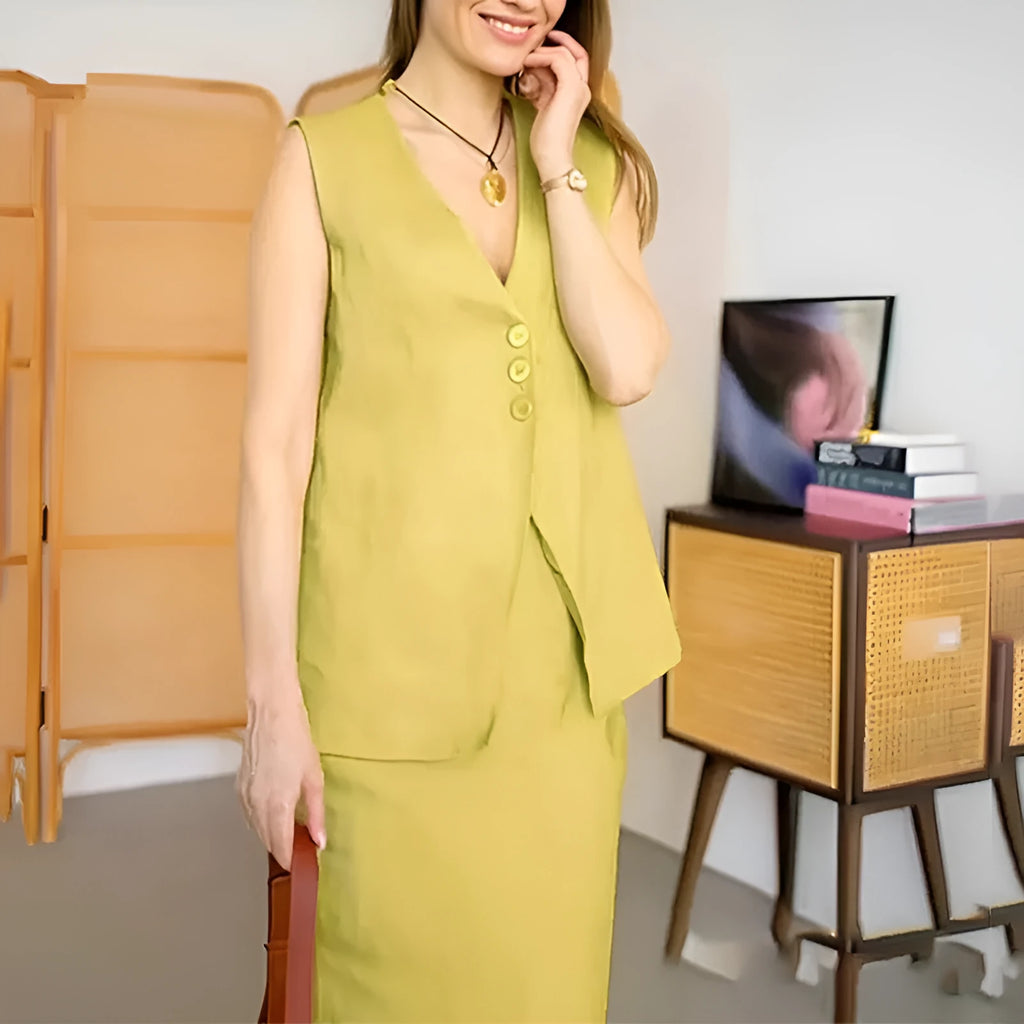 Women's blue loose vest and long skirt two-piece sleeveless suit set on a hanger