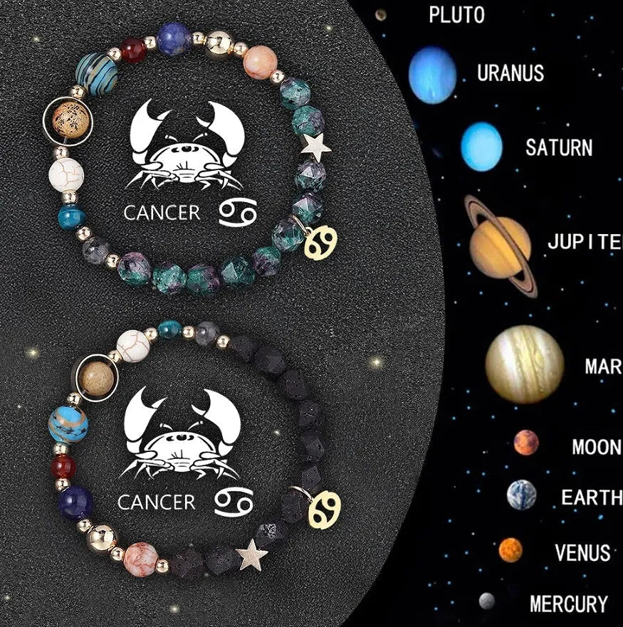 Two natural stone beaded bracelets with zodiac sign charms on a wooden surface.
