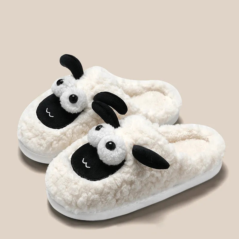 Brown, grey, and white suede and PVC slip-on slippers for indoor home use.