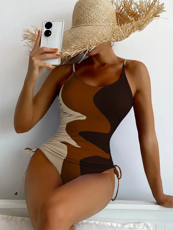 Women's sleeveless backless one-piece swimsuit in blue, purple, brown, or green colours