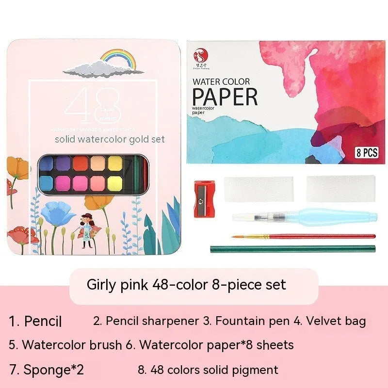 48 colour solid watercolour paint set in artist box for gouache techniques