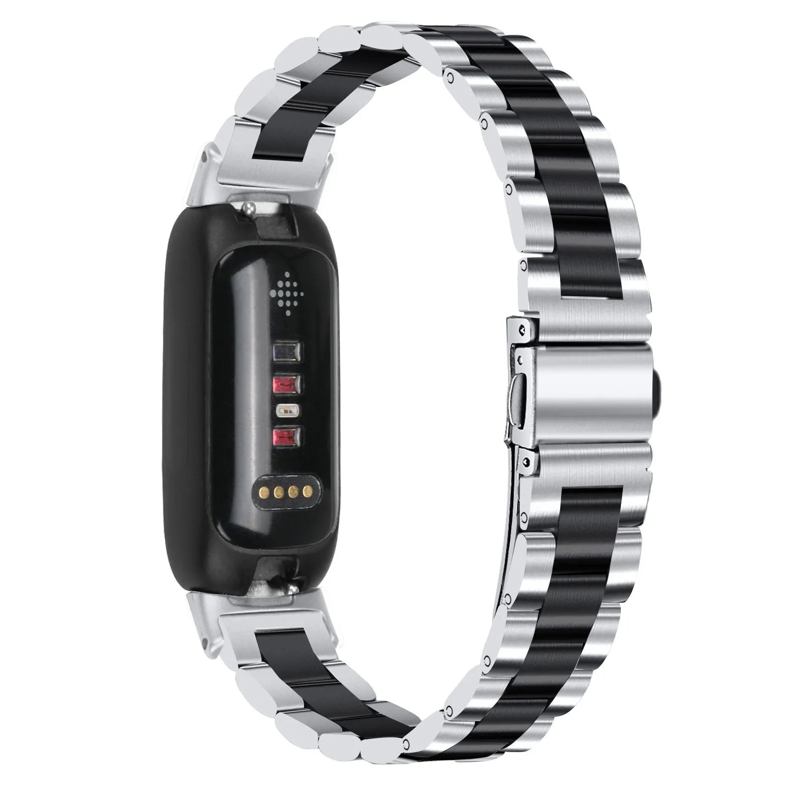 Stainless steel watch strap for Fitbit Inspire 3 tracker in multiple colour options on a grey background.