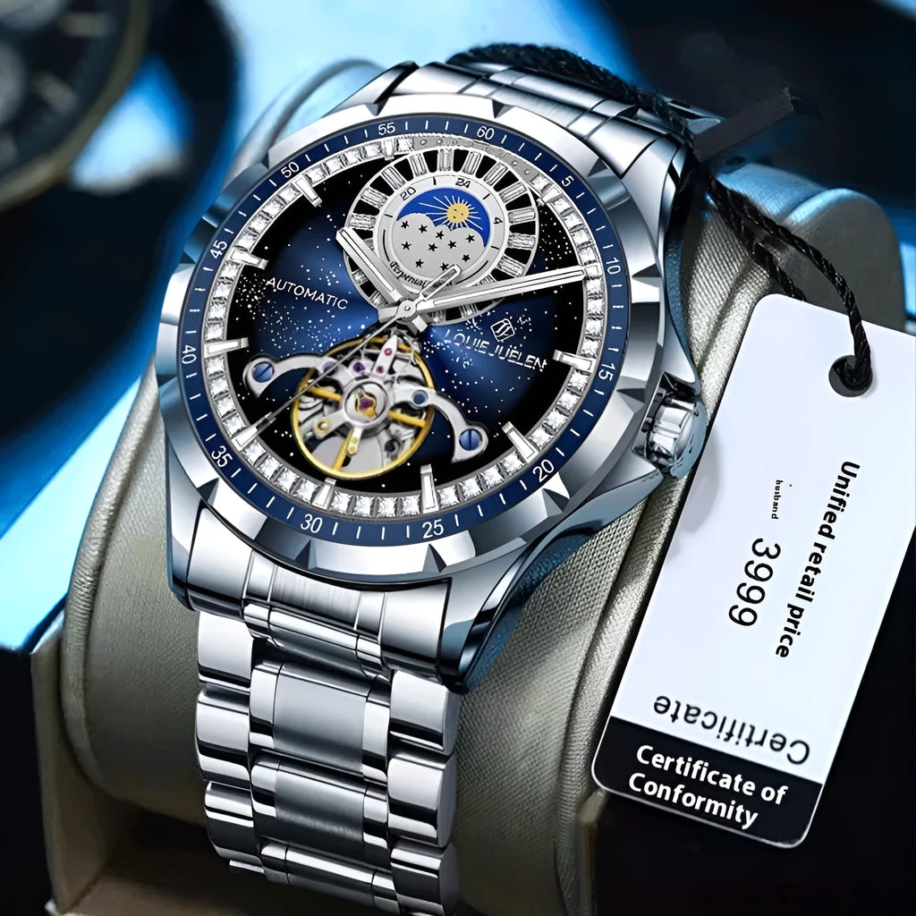 Men's silver automatic mechanical watch with blue dial and stainless steel butterfly buckle