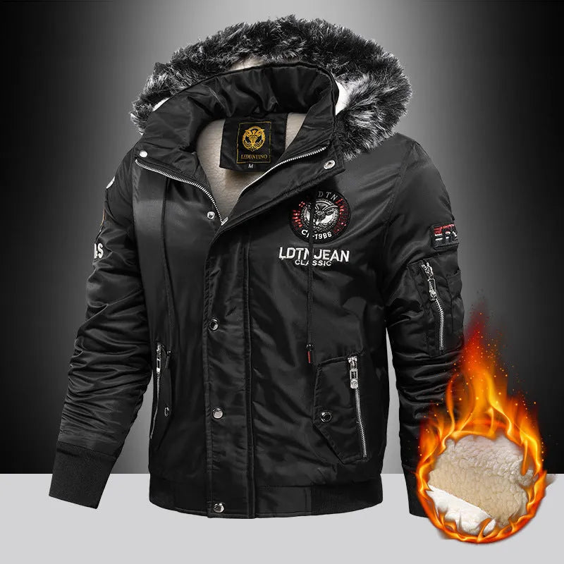 Thick casual polyester hooded coat for men in black, blue, and red colours