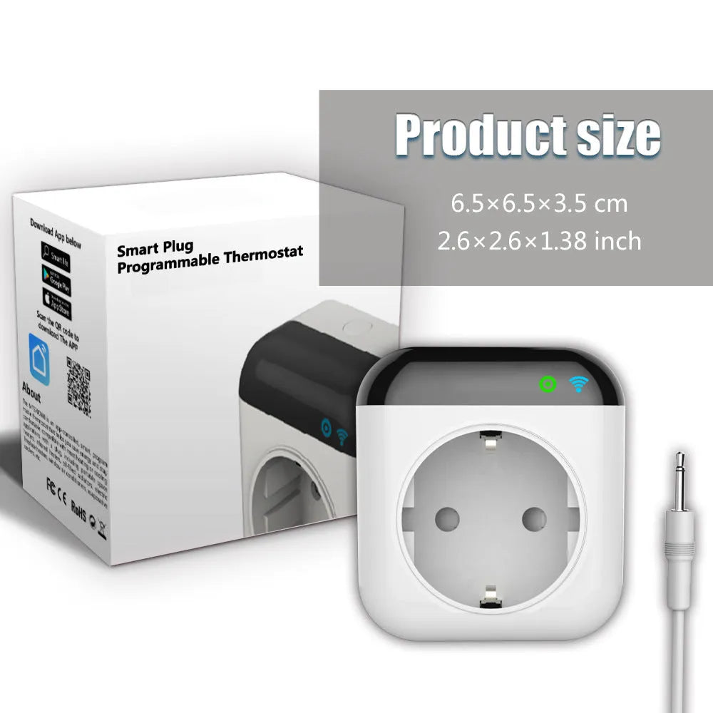 White Tuya smart temperature control switch socket for US outlets with a temperature sensor probe.