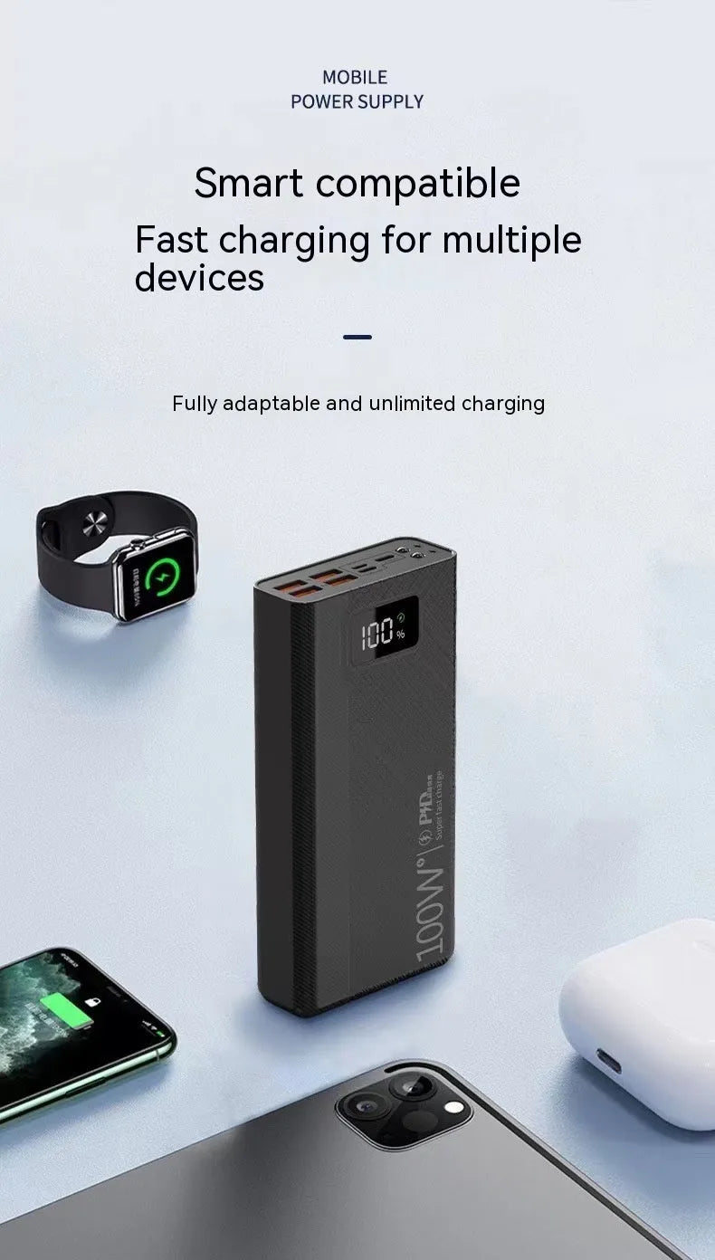 Large capacity power bank in black or white with plastic shell, showing fast charging capability and multiple capacity options
